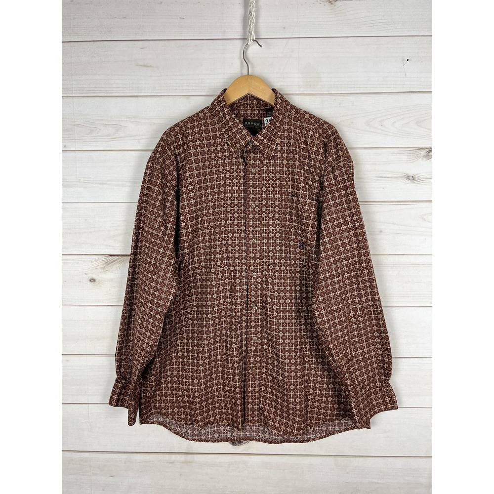 Roper Shirt Mens 2XL Brown Geometric Western Button Front Long Sleeve Casual